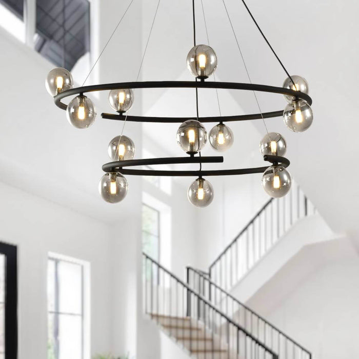 OVARIA: 13 Lights Double Ring Pendant with Glass Shade (avail in Black & Gold)