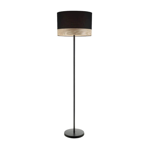 CLA TAMBURA - Large Modern Round Black Cloth Shade Floor Lamp Featuring Blonde Wood Trim