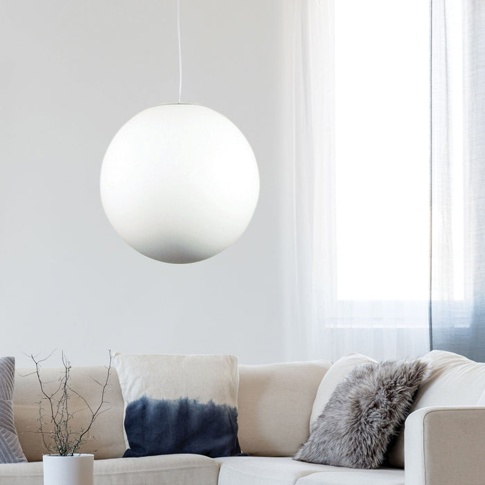 PHASE - Large Matt Opal Sphere Acrylic 1 Light Pendant With White Acrylic Cord & Painted Canopy - 500mm