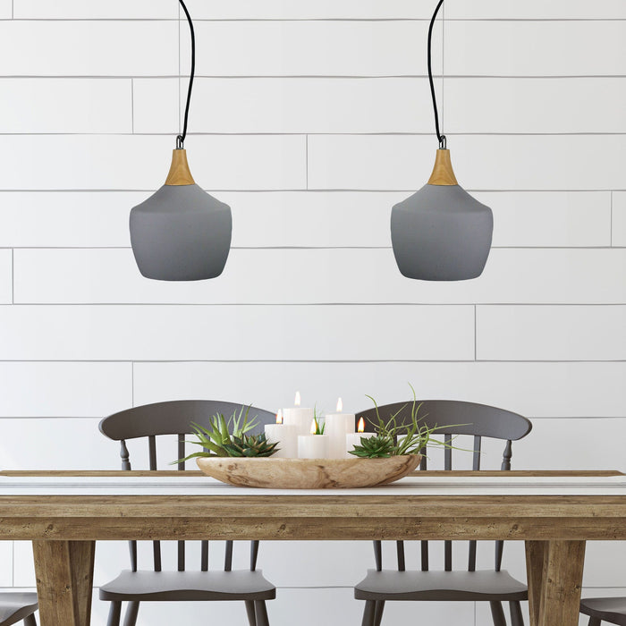 PANTO.3 - Modern Concrete Finished 1 Light Pendant Featuring Timber Highlights Suspended On Black Cloth Cord