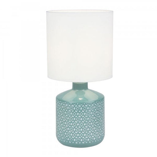 CELIA Green Ceramic 1 x E14 Table Lamp with Off-White Poly Cotton Shade Oriel