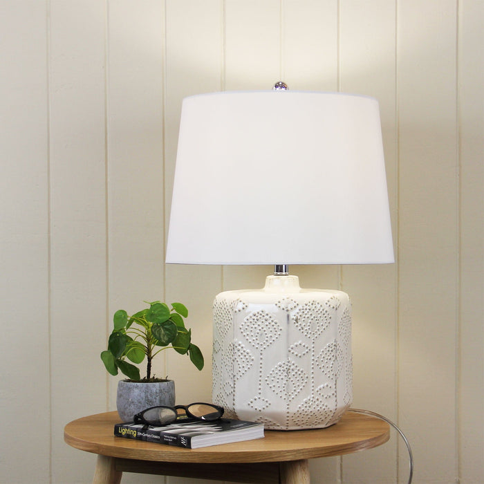 BIKKI - Elegant Antique White Ceramic Base 1 Light Table Lamp With White Hardback Shade