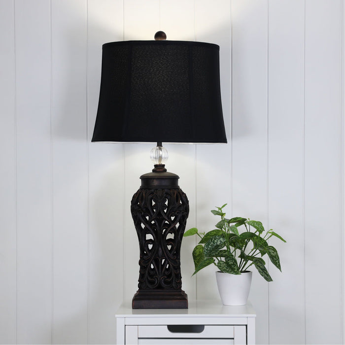 DORNE - Unique Tall Black Styled Base Table Lamp With Black Linen Shade