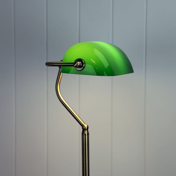 BANKERS Floor Lamp with Green Shade + Antique Brass Stand and Black Base