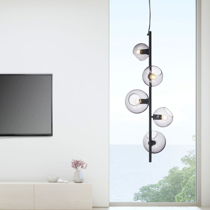 SINUS - Modern Black 5 Light Pendant Featuring Smoked Glass Spheres - Can Be Hung Vertically Or Horizontally