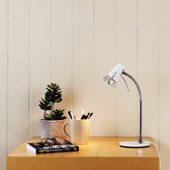 SCOOT - Modern White With Chrome Highlights 7W Cool White GU10 1 Light Desk Lamp With Adjustable Neck