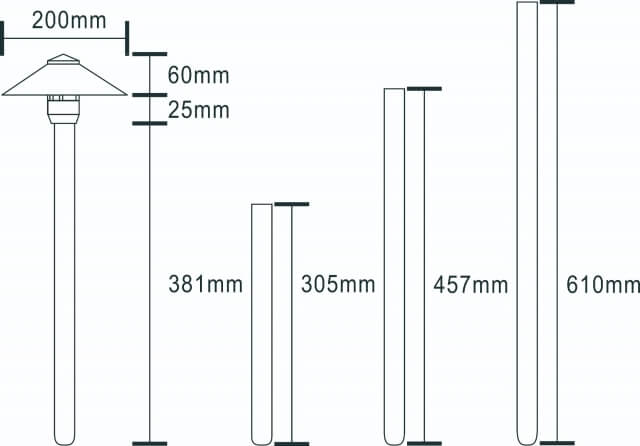 Solid Cast Brass 3.5W Pathway Light with 200mm Shade (Available in 305mm, 381mm, 457mm & 610mm Post Height ,2700K & 3000K)