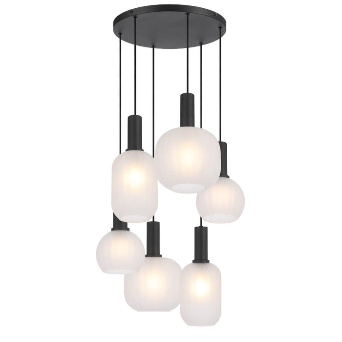 AOSTA: Black 6 Light Modern Frosted Glass Pendant Light