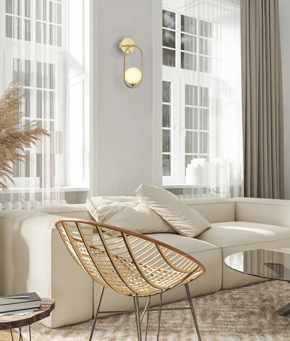 ARO: Round Opal Glass with Satin Gold Frame Interior Wall Light