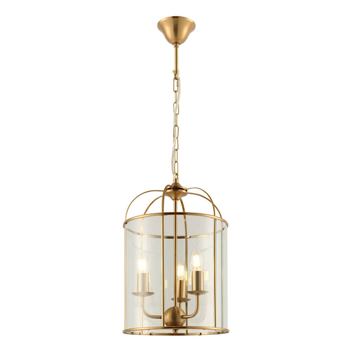 CLOVELLY: Traditional Cage Gold Finish Pendant with Clear Glass Shade (Available in 1 Light, 3 Light & 6 Light)