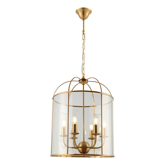 CLOVELLY: Traditional Cage Gold Finish Pendant with Clear Glass Shade (Available in 1 Light, 3 Light & 6 Light)