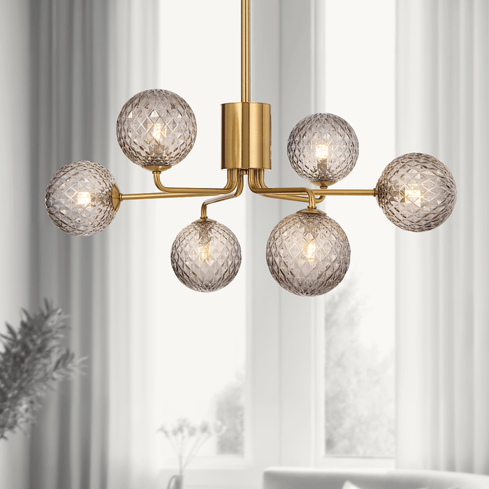 FELTON: 6 Light Elegant Modern Pendant Light with Round Glass Shades (Available in Black & Antique Gold)