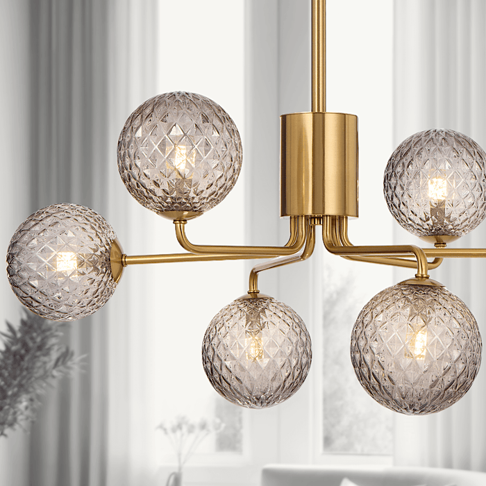 FELTON: 6 Light Elegant Modern Pendant Light with Round Glass Shades (Available in Black & Antique Gold)