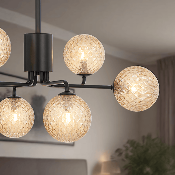 FELTON: 6 Light Elegant Modern Pendant Light with Round Glass Shades (Available in Black & Antique Gold)