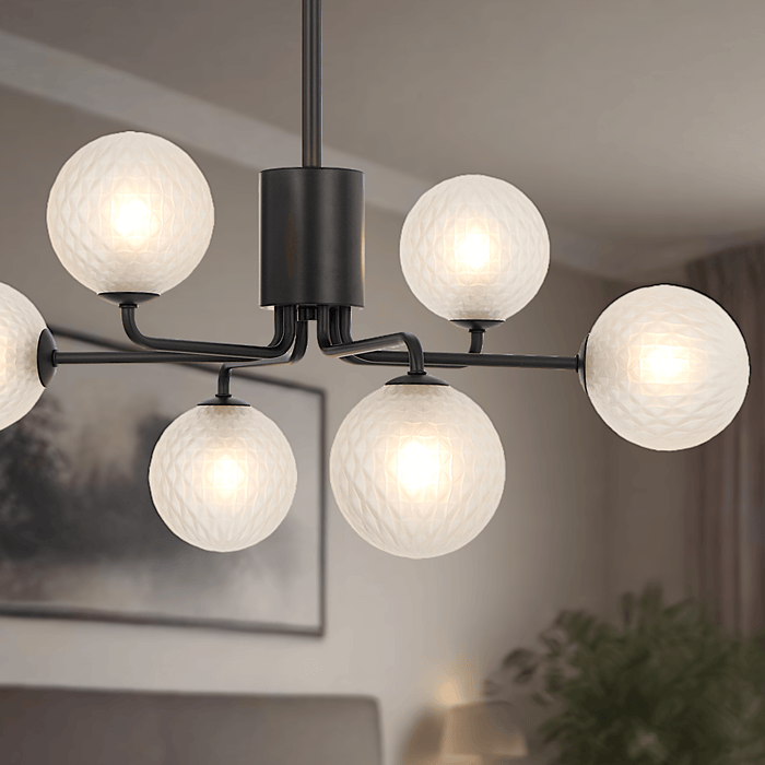 FELTON: 6 Light Elegant Modern Pendant Light with Round Glass Shades (Available in Black & Antique Gold)