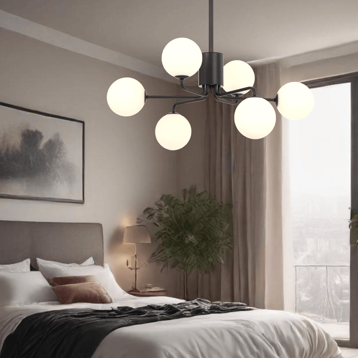 FELTON: 6 Light Elegant Modern Pendant Light with Round Glass Shades (Available in Black & Antique Gold)