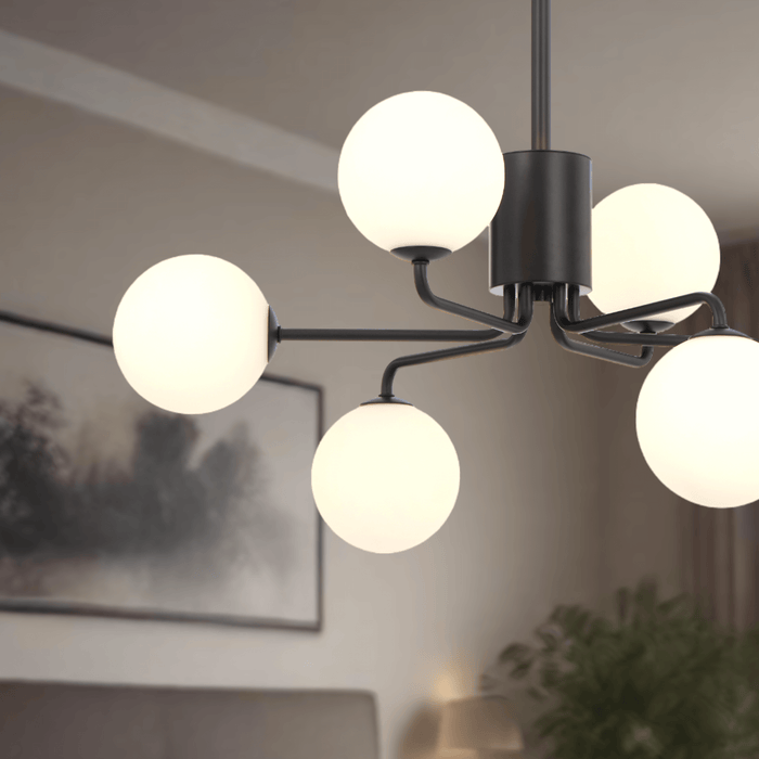 FELTON: 6 Light Elegant Modern Pendant Light with Round Glass Shades (Available in Black & Antique Gold)