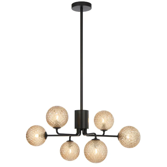 FELTON: 6 Light Elegant Modern Pendant Light with Round Glass Shades (Available in Black & Antique Gold)