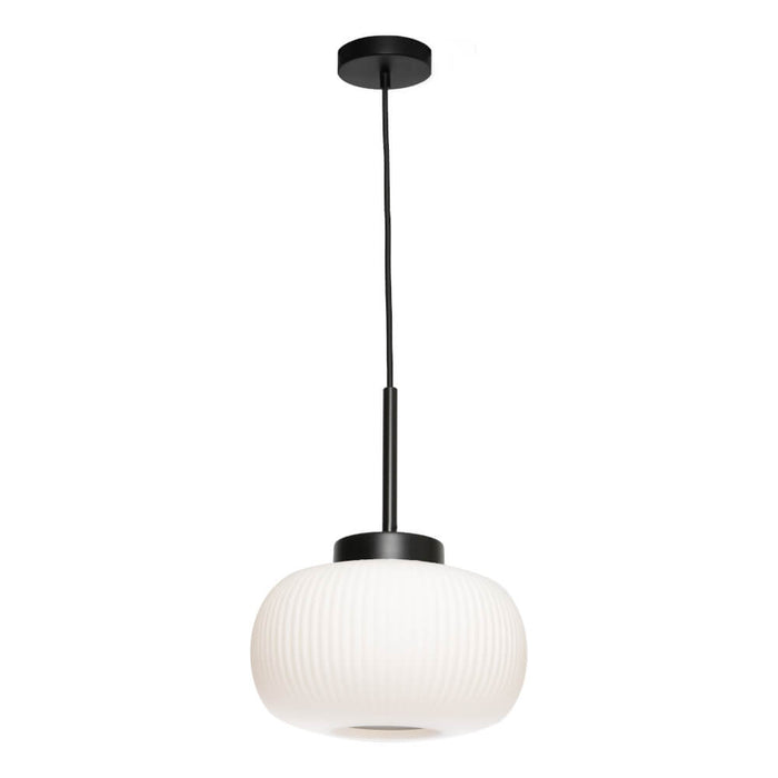 HUTTON: 1 Light Pendant with Ribbed Drum Opal Glass Shade (Available in Black & Gold Finish)