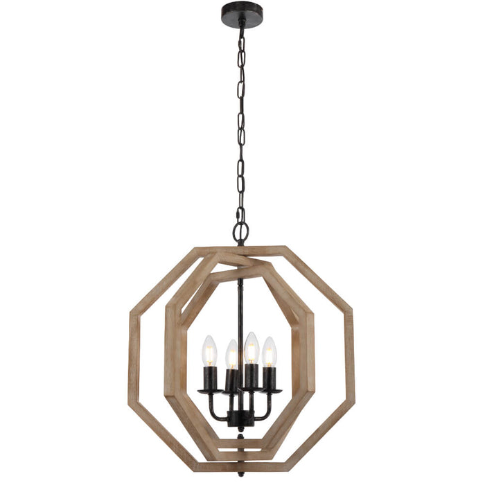 INDIO: 4 Light Wooden Pendant with Adjustable Octagonal Frame