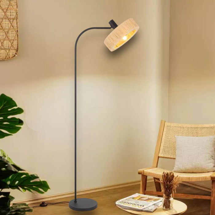 KATRIN: Black Floor Lamp with Natural Raffia Shade