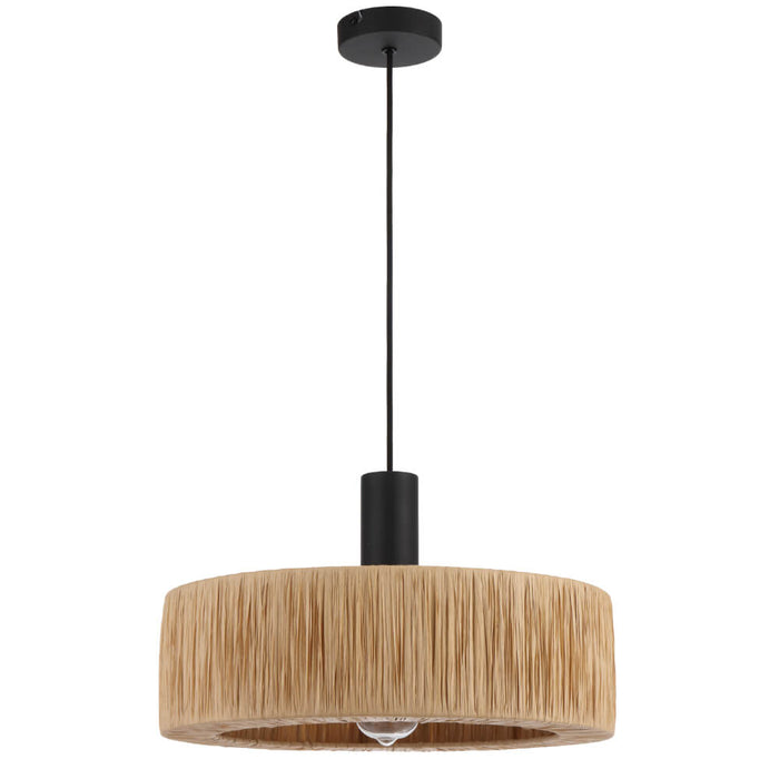 KATRIN: Black Drum Pendant Light with Natural Raffia Shade