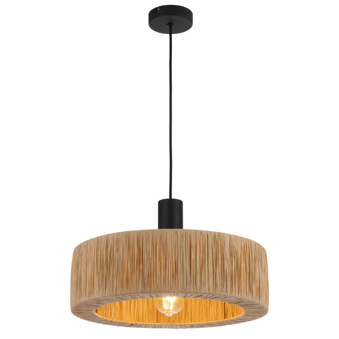 KATRIN: Black Drum Pendant Light with Natural Raffia Shade