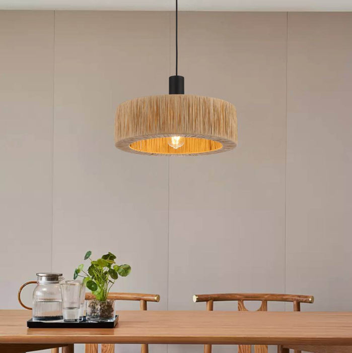 KATRIN: Black Drum Pendant Light with Natural Raffia Shade