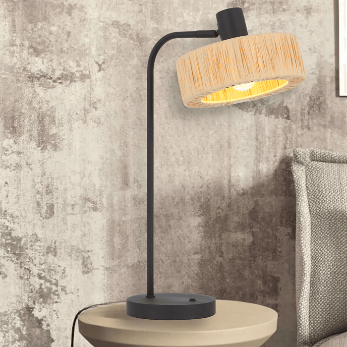 KATRIN: Black Table Lamp with Natural Raffia Shade