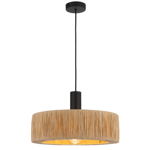 Telbix KATRIN: Black Drum Pendant Light with Natural Raffia Shade