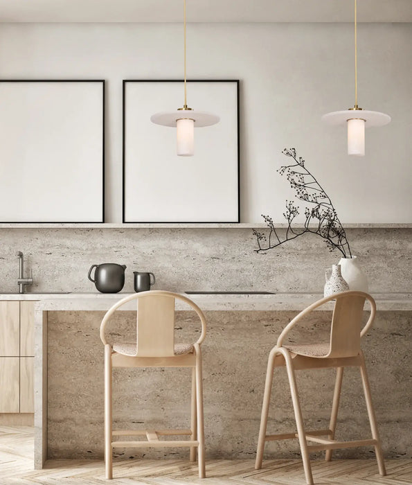 LUCERNA: Cylinder Round Hat Marble Shade Brass Highlight Interior Pendant Light