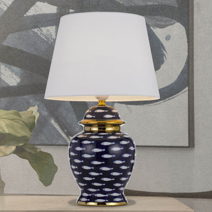 MASU: Classic Urn Shape Table Lamp Decorated with Swirling Shoal of Fish