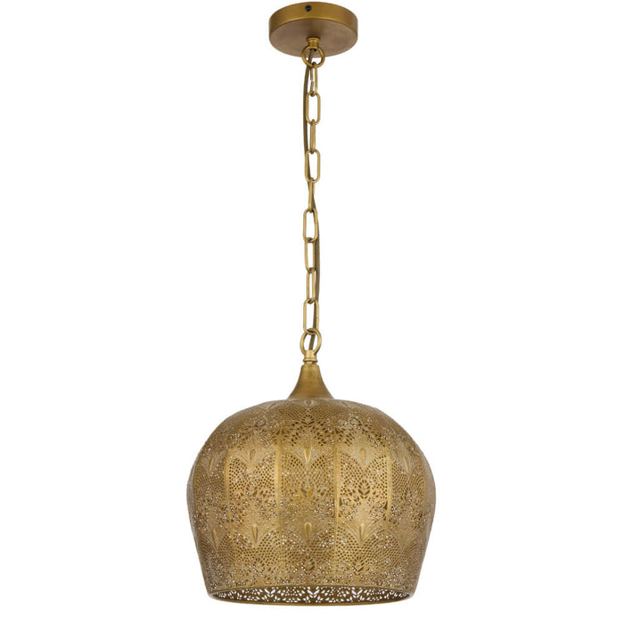 MERSIN: Antique Brass Pendant Light with Intricately Perforated Dome Shaped Metal Shade