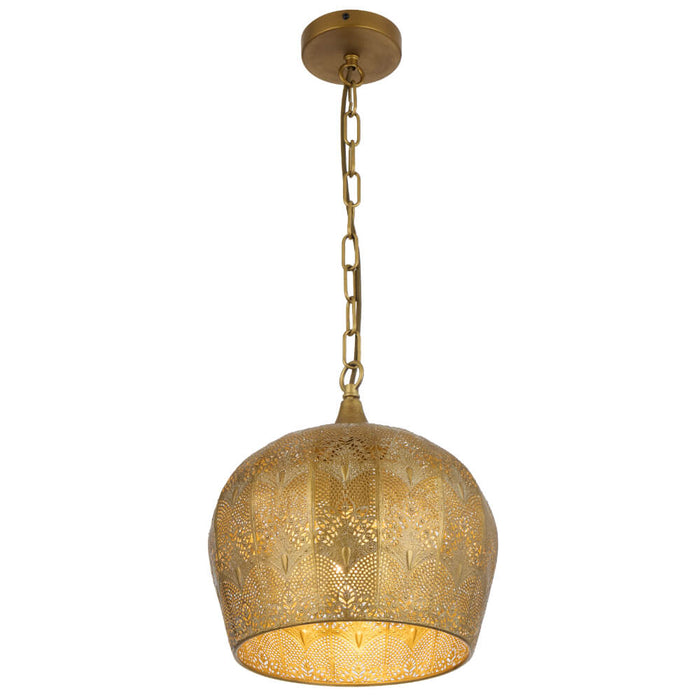 MERSIN: Antique Brass Pendant Light with Intricately Perforated Dome Shaped Metal Shade