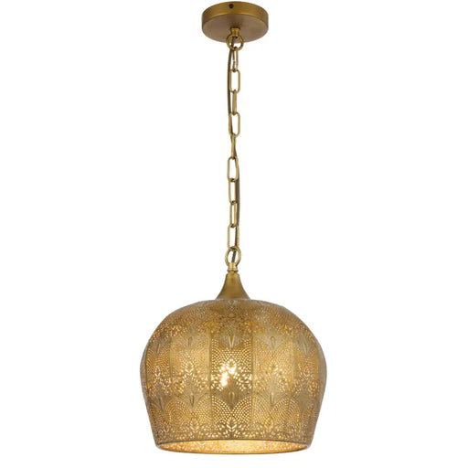 Telbix MERSIN: Antique Brass Pendant Light with Intricately Perforated Dome Shaped Metal Shade