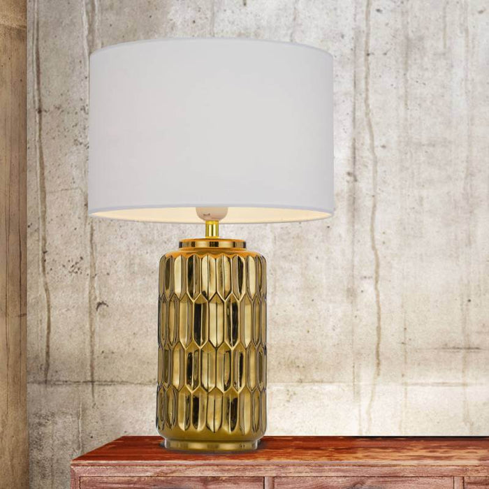 NISHA: Polished Gold Ceramic Base Table Lamp with Fabric Shade