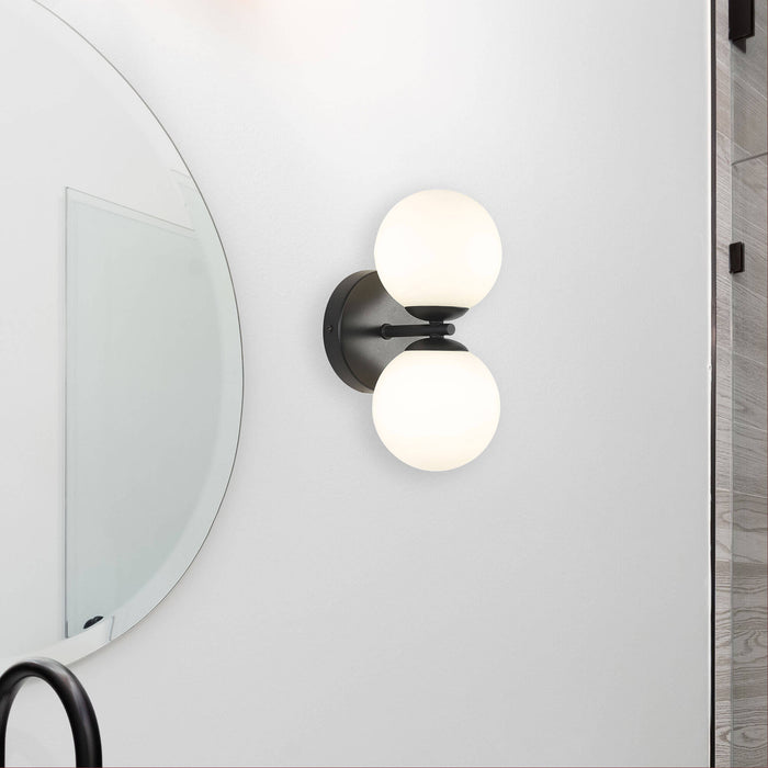 OBERON: 2 Light Modern and Mid-century Style Wall Light with Round Glass Diffusers (Available in Black, White & Satin Brass)