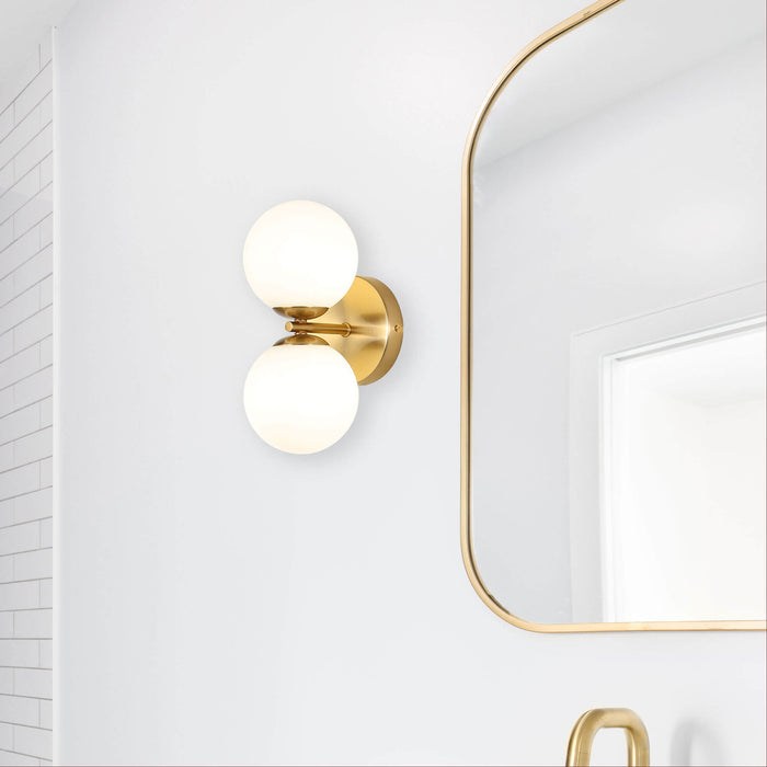 OBERON: 2 Light Modern and Mid-century Style Wall Light with Round Glass Diffusers (Available in Black, White & Satin Brass)