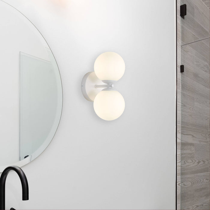 OBERON: 2 Light Modern and Mid-century Style Wall Light with Round Glass Diffusers (Available in Black, White & Satin Brass)