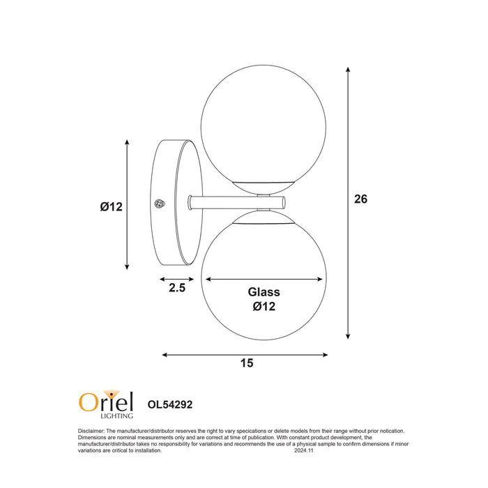 OBERON: 2 Light Modern and Mid-century Style Wall Light with Round Glass Diffusers (Available in Black, White & Satin Brass)