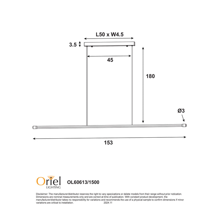 EDGE.1500: Black 1500mm 30W Tri-Colour Slimiline LED Pendant