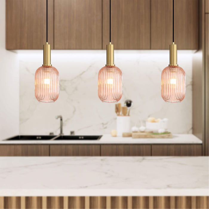 LUXE.130: 1 Light Pendant Light with Ribbed Glass Shade (Available in Smoke, Green & Amber)