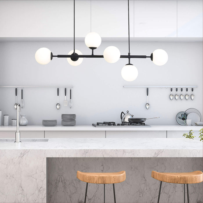 EVA.6: Modern 6 Light Opal Glass Pendant (Available in Black & Satin Brass)