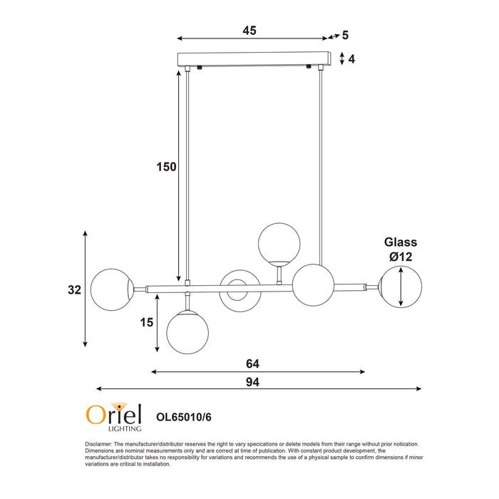 EVA.6: Modern 6 Light Opal Glass Pendant (Available in Black & Satin Brass)