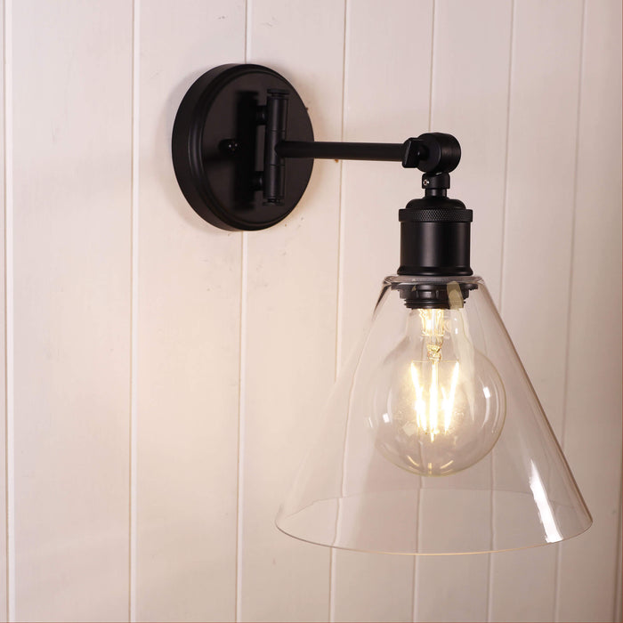 HEATH: Swing Arm Metal Wall Light with Tapered Clear Glass Shade( Available in Black & Satin Brass)