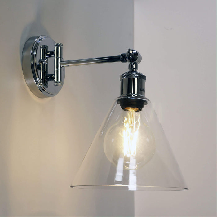 HEATH: Swing Arm Metal Wall Light with Tapered Clear Glass Shade( Available in Black, Chrome & Satin Brass)