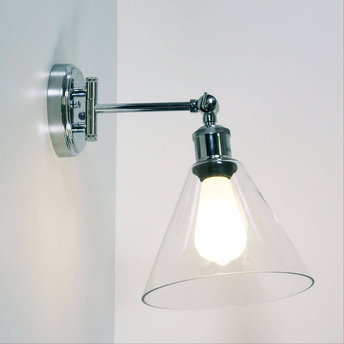 HEATH: Swing Arm Metal Wall Light with Tapered Clear Glass Shade( Available in Black, Chrome & Satin Brass)