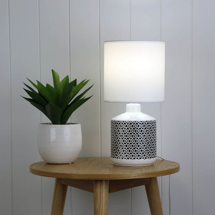 CELIA: White Ceramic Table Lamp with Off-White Poly Cotton Shade