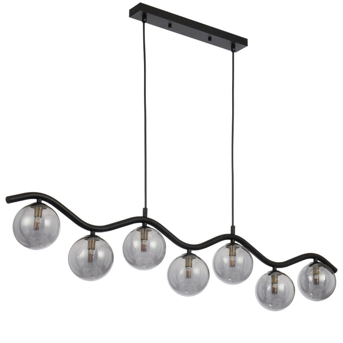 ORTON: 7 Light Modern Linear Pendant Light with Round Glass Shades (Available in Black & Antique Gold)