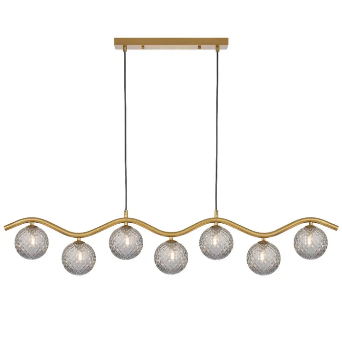 ORTON: 7 Light Modern Linear Pendant Light with Round Glass Shades (Available in Black & Antique Gold)